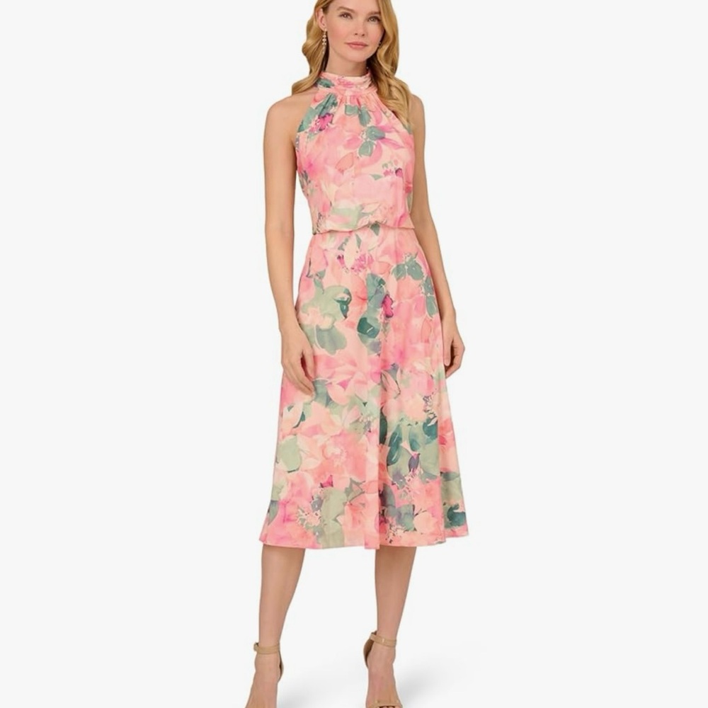 Adrianna Papell Floral Halter Neck Midi Dress. Size 14W. NWT